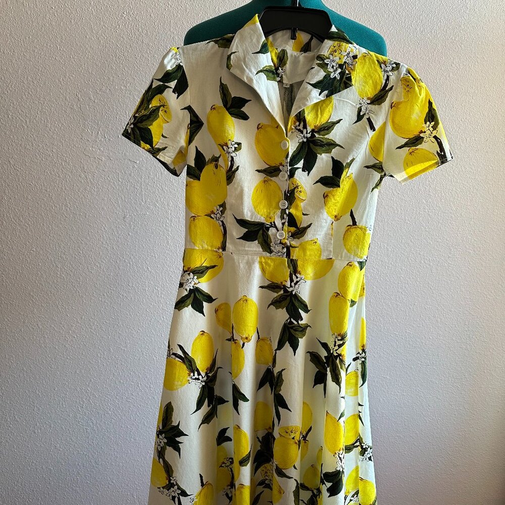 Vintage Lemon Print 1950s Swing Dress Size S MISSING BELT